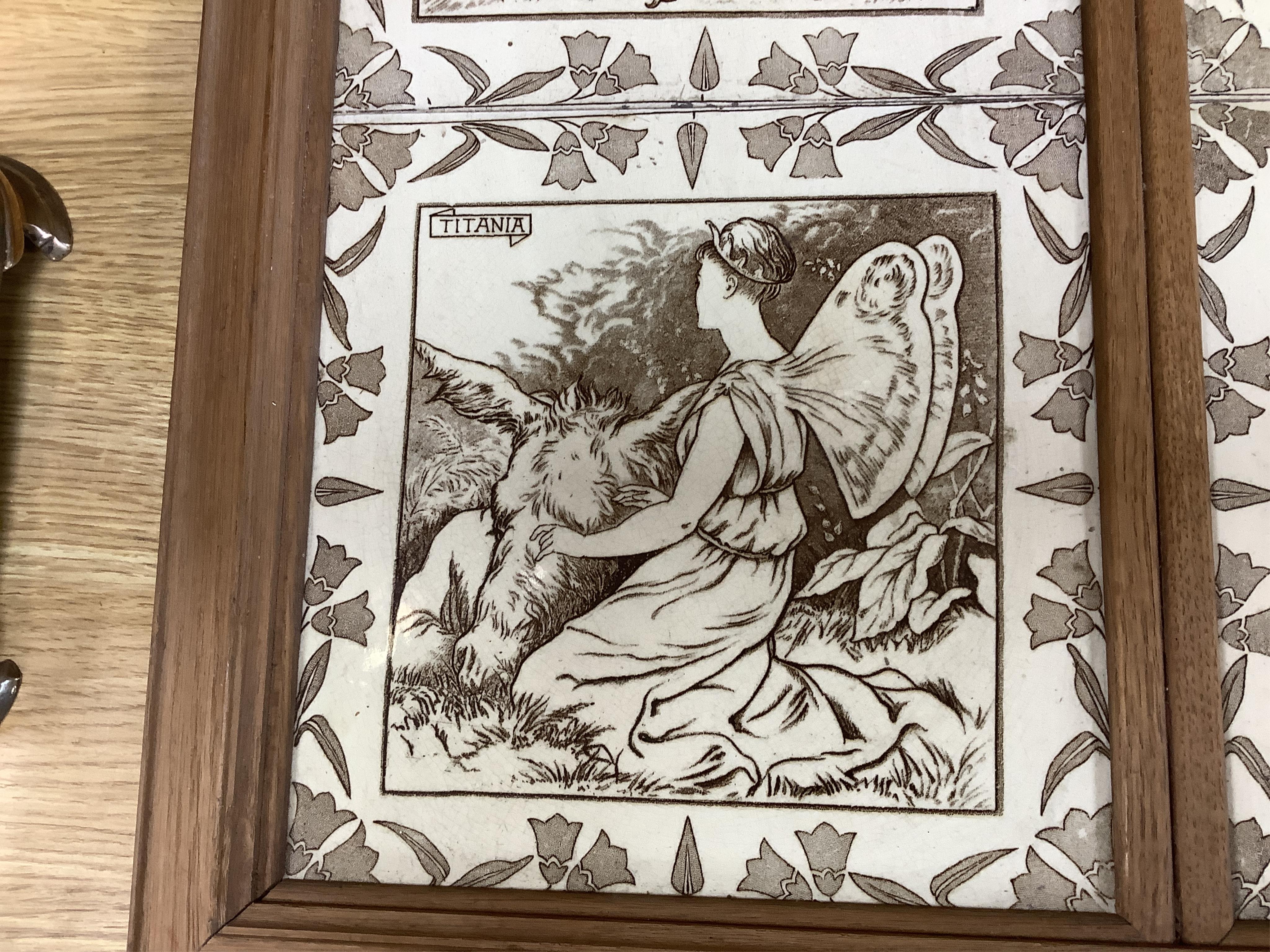A set of six Wedgwood Midsummer Night’s Dream tiles, framed as one: Titania, Helena, Oberon, Bottom, Lysander and Peas Blossom, overall 48 x 73cm